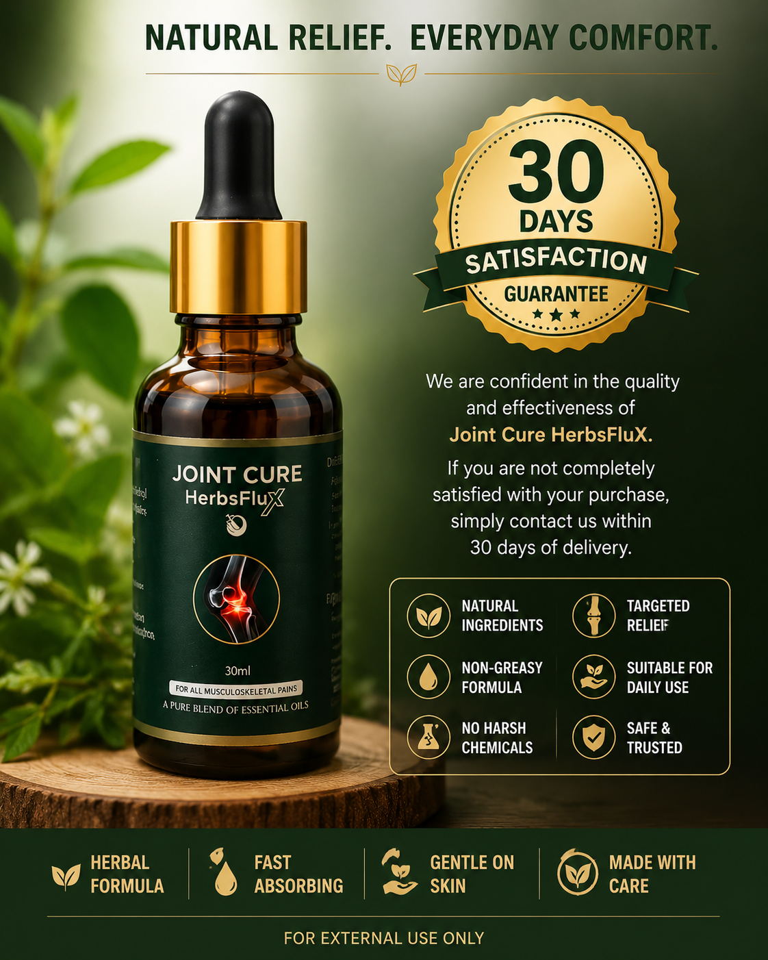 Bottle of Joint Cure HerbsFlux with product details and guarantee on a green background