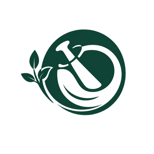 Green and white logo with a spoon and leaves on a transparent background