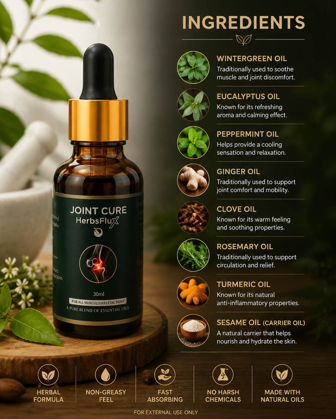Bottle of Joint Cure with ingredients listed on a wooden surface