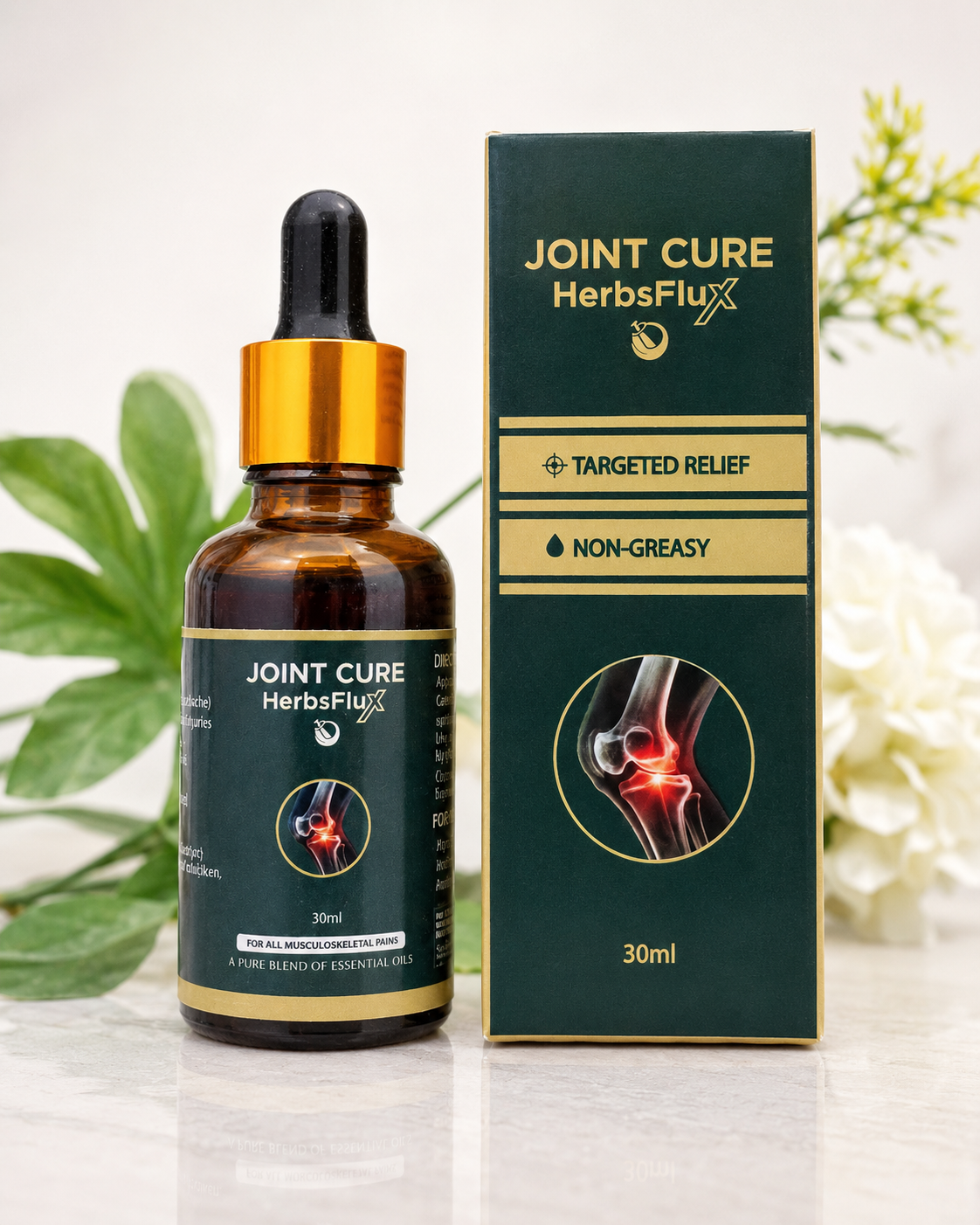 Bottle and box of Joint Cure HerbsFlux on a light background with plants.