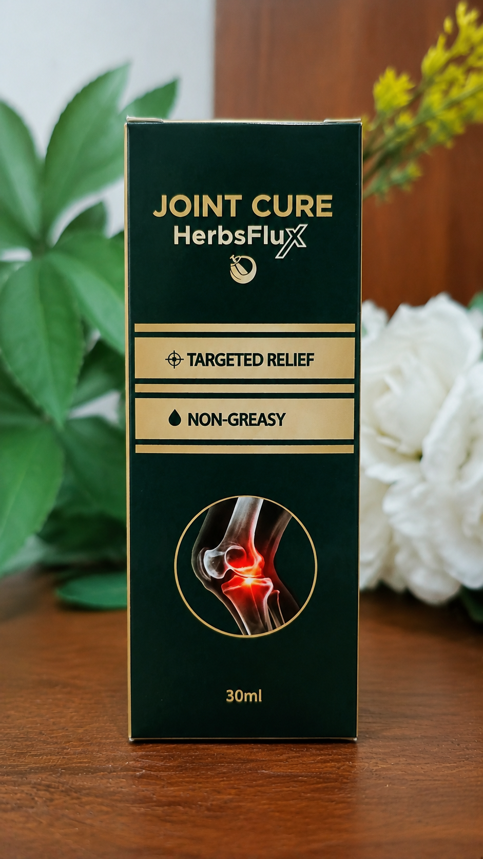 Box of Joint Cure HerbsFlux on a wooden surface with plants in the background